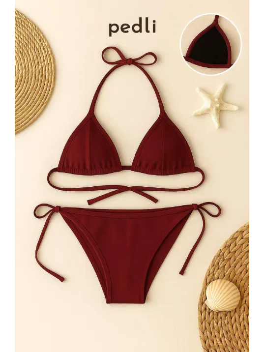 Kadın Bordo Yandan Ve Boyundan Bağlamalı Bikini Mayo Takımı