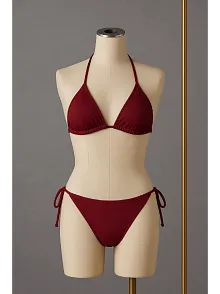 Kadın Bordo Yandan Ve Boyundan Bağlamalı Bikini Mayo Takımı