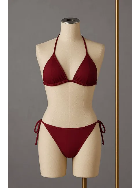 Kadın Bordo Yandan Ve Boyundan Bağlamalı Bikini Mayo Takımı