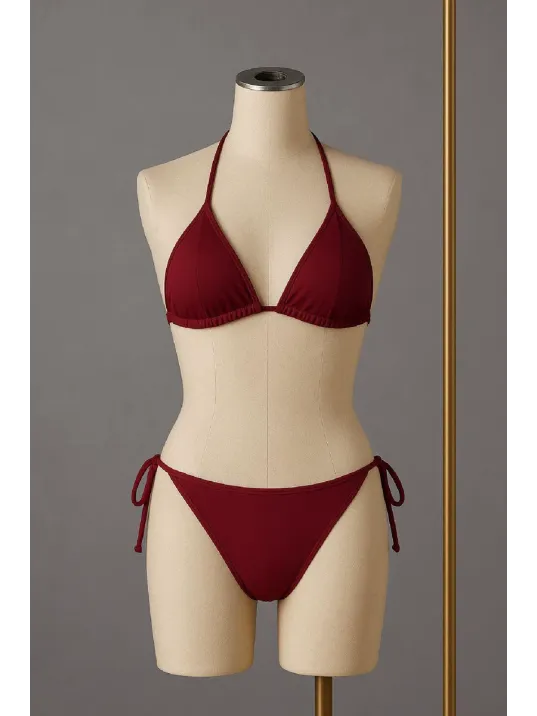 Kadın Bordo Yandan Ve Boyundan Bağlamalı Bikini Mayo Takımı