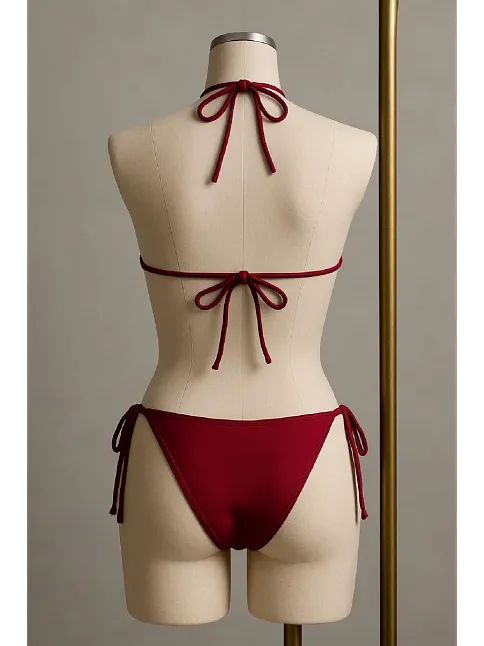 Kadın Bordo Yandan Ve Boyundan Bağlamalı Bikini Mayo Takımı