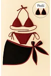 Kadın Bordo Siyah Pareolu Yandan Ve Boyundan Bağlamalı 3'lü Bikini Takımı – Modern, Konforlu Ve Günlük Kombinlere Uygun