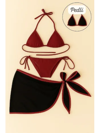 Kadın Bordo Siyah Pareolu Yandan Ve Boyundan Bağlamalı 3'lü Bikini Takımı – Modern, Konforlu Ve Günlük Kombinlere Uygun