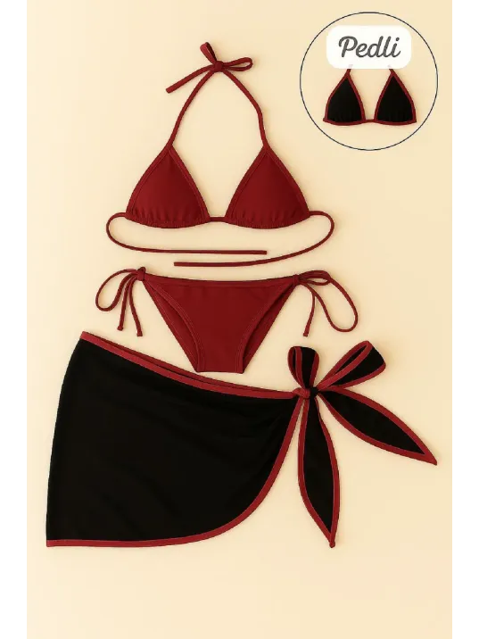 Kadın Bordo Siyah Pareolu Yandan Ve Boyundan Bağlamalı 3'lü Bikini Takımı – Modern, Konforlu Ve Günlük Kombinlere Uygun