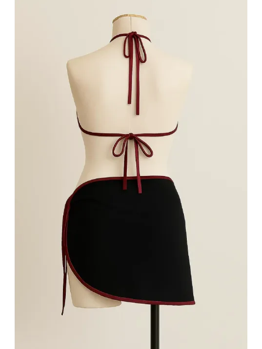 Kadın Bordo Siyah Pareolu Yandan Ve Boyundan Bağlamalı 3'lü Bikini Takımı – Modern, Konforlu Ve Günlük Kombinlere Uygun