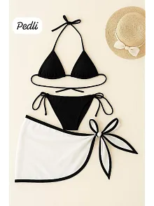Kadın Siyah Beyaz Pareolu Yandan Ve Boyundan Bağlamalı 3'lü Bikini Takımı – Modern, Konforlu Ve Günlük Kombinlere Uygun