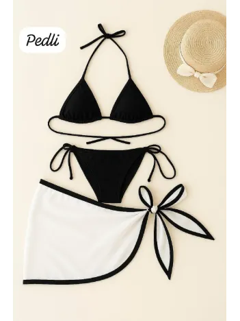 Kadın Siyah Beyaz Pareolu Yandan Ve Boyundan Bağlamalı 3'lü Bikini Takımı – Modern, Konforlu Ve Günlük Kombinlere Uygun