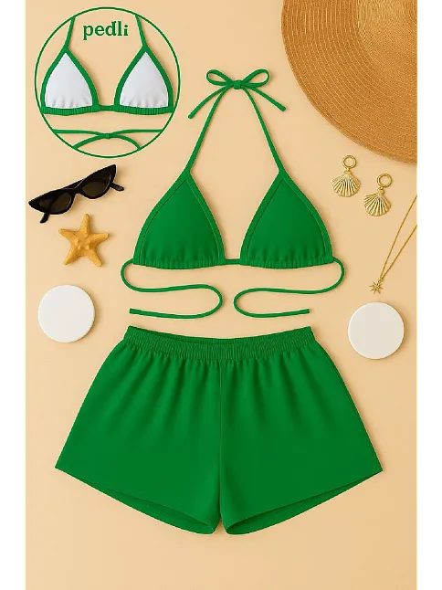 Kadın Yeşil Şortlu Belden Ve Boyundan Bağlamalı Bikini Takımı – Modern, Konforlu Ve Günlük Kombinlere Uygun Kadın Yeşil Şortlu Belden Ve Boyundan Bağlamalı Bikini Takımı – Modern, Konforlu Ve Günlük Kombinlere Uygun
