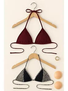 Kadın Leopar Desenli Ve Bordo Minimal Kesim Üçgen Bikini Üstü – Modern Ve Şık Tasarım