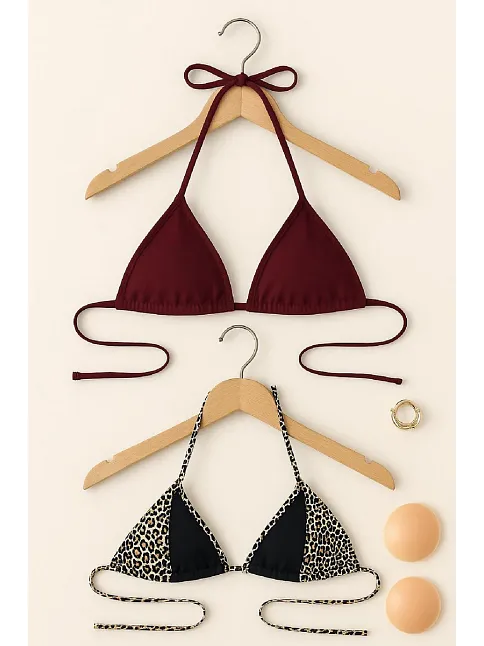 Kadın Leopar Desenli Ve Bordo Minimal Kesim Üçgen Bikini Üstü – Modern Ve Şık Tasarım