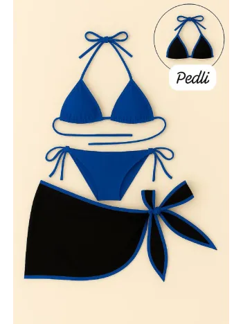 Kadın Mavi Pareolu Yandan Ve Boyundan Bağlamalı 3'lü Bikini Takımı – Modern, Konforlu Ve Günlük Kombinlere Uygun