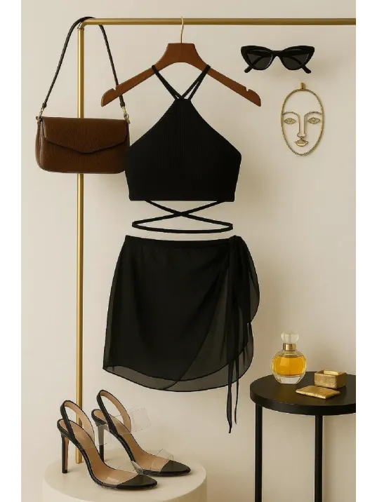 Kadın Siyah Çapraz Bağlamalı Crop Ve Pareo 2'li Set – Modern Ve Şık Tasarım