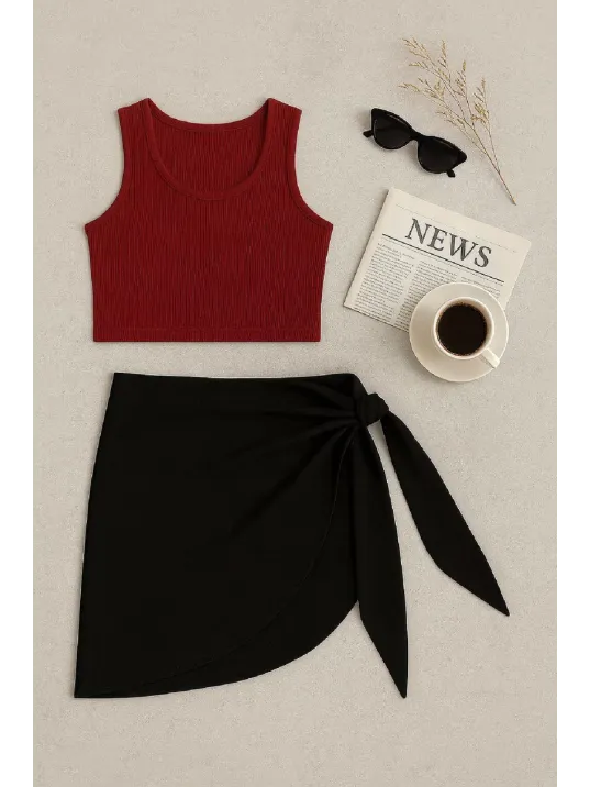 Kadın Bordo Yuvarlak Yaka Crop Ve Siyah Pareo 2'li Set – Modern Ve Şık Tasarım