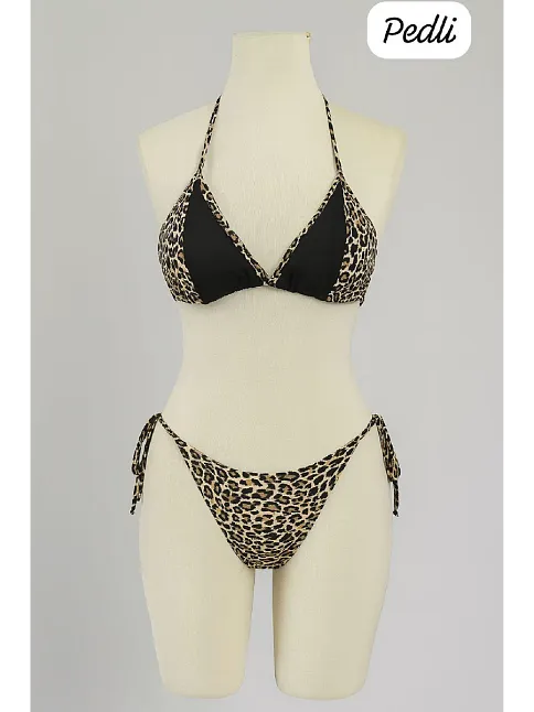 Kadın Siyah Ve Leopar Detaylı Yandan Bağlamalı Bikini Takımı – Modern, Konforlu Ve Günlük Kombinlere Uygun