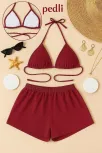 Kadın Bordo Şortlu Belden Ve Boyundan Bağlamalı Bikini Takımı – Modern, Konforlu Ve Günlük Kombinlere Uygun Kadın Bordo Şortlu Belden Ve Boyundan Bağlamalı Bikini Takımı – Modern, Konforlu Ve Günlük Kombinlere Uygun
