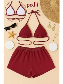 Kadın Bordo Şortlu Belden Ve Boyundan Bağlamalı Bikini Takımı – Modern, Konforlu Ve Günlük Kombinlere Uygun