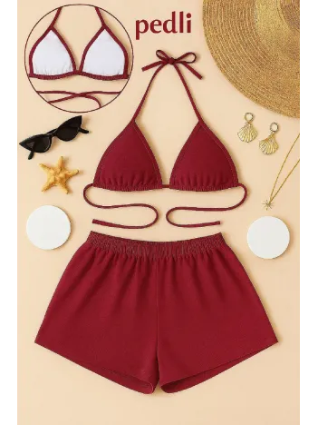 Kadın Bordo Şortlu Belden Ve Boyundan Bağlamalı Bikini Takımı – Modern, Konforlu Ve Günlük Kombinlere Uygun Kadın Bordo Şortlu Belden Ve Boyundan Bağlamalı Bikini Takımı – Modern, Konforlu Ve Günlük Kombinlere Uygun