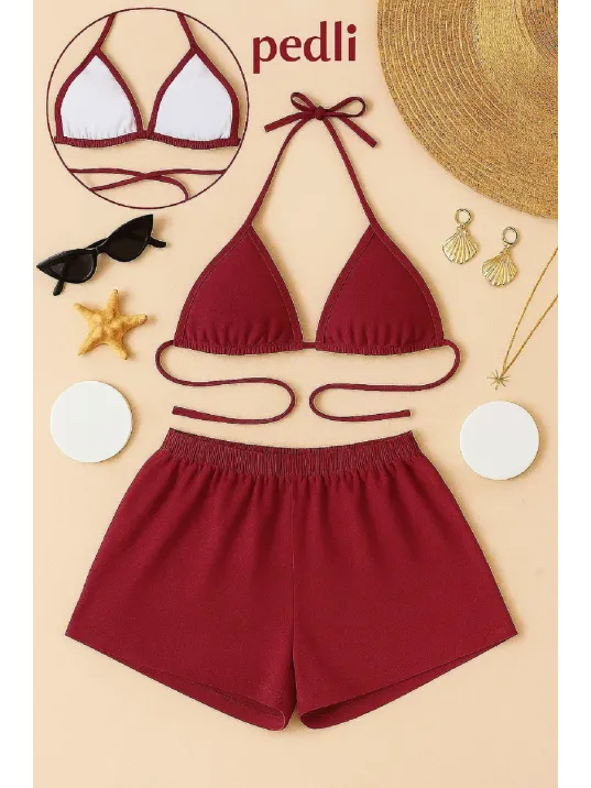 Kadın Bordo Şortlu Belden Ve Boyundan Bağlamalı Bikini Takımı – Modern, Konforlu Ve Günlük Kombinlere Uygun Kadın Bordo Şortlu Belden Ve Boyundan Bağlamalı Bikini Takımı – Modern, Konforlu Ve Günlük Kombinlere Uygun