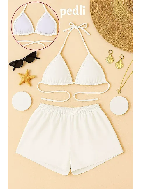 Kadın Beyaz Şortlu Belden Ve Boyundan Bağlamalı Bikini Takımı – Modern, Konforlu Ve Günlük Kombinlere Uygun Kadın Beyaz Şortlu Belden Ve Boyundan Bağlamalı Bikini Takımı – Modern, Konforlu Ve Günlük Kombinlere Uygun
