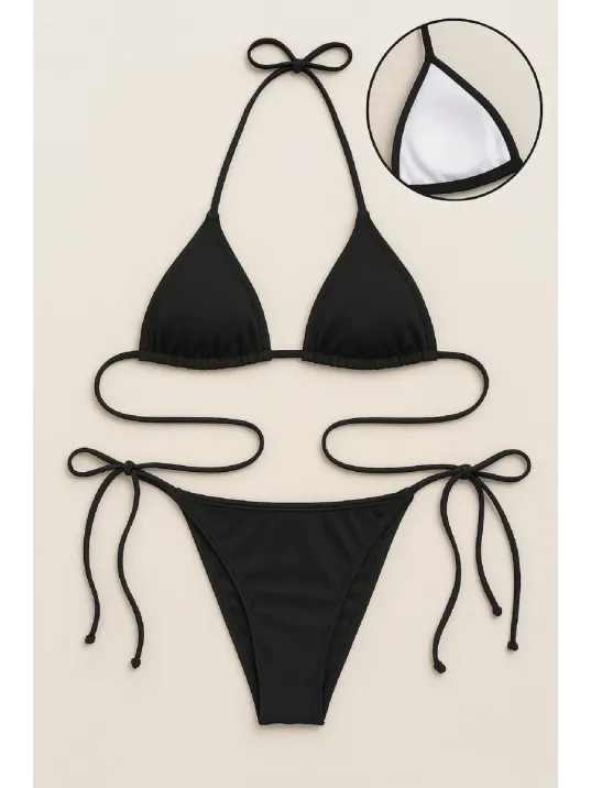 Kadın Siyah Yandan Ve Boyundan Bağlamalı Bikini Mayo Takımı – Modern, Konforlu Ve Günlük Kombinlere Uygun