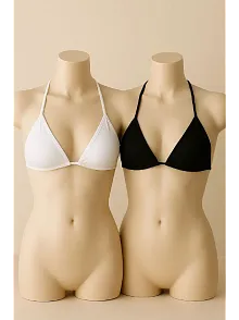 Kadın Siyah Ve Beyaz Minimal Kesim Üçgen Bikini Üstü – Modern Ve Şık Tasarım