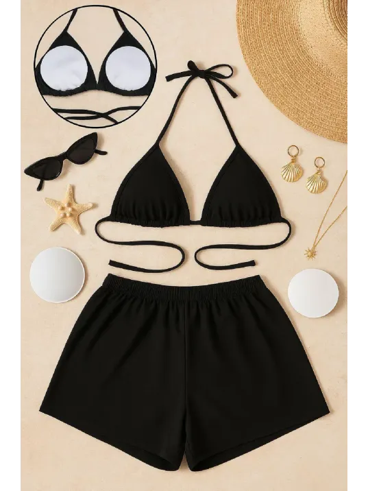 Kadın Siyah Şortlu Belden Ve Boyundan Bağlamalı Bikini Takımı – Modern, Konforlu Ve Günlük Kombinlere Uygun