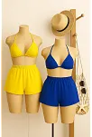 Kadın Sarı Ve Mavi Şortlu Belden Ve Boyundan Bağlamalı Bikini Takımı – Modern, Konforlu Ve Günlük Kombinlere Uygun Kadın Sarı Ve Mavi Şortlu Belden Ve Boyundan Bağlamalı Bikini Takımı – Modern, Konforlu Ve Günlük Kombinlere Uygun