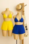 Kadın Sarı Ve Mavi Şortlu Belden Ve Boyundan Bağlamalı Bikini Takımı – Modern, Konforlu Ve Günlük Kombinlere Uygun