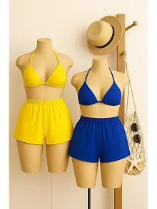 Kadın Sarı Ve Mavi Şortlu Belden Ve Boyundan Bağlamalı Bikini Takımı – Modern, Konforlu Ve Günlük Kombinlere Uygun