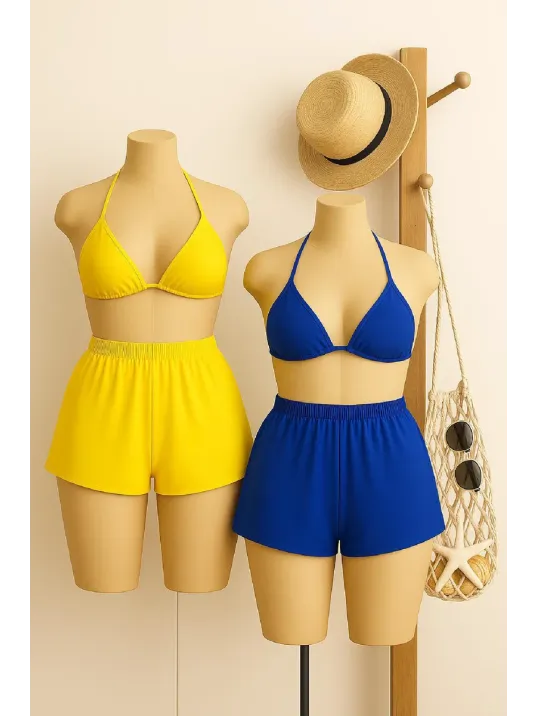Kadın Sarı Ve Mavi Şortlu Belden Ve Boyundan Bağlamalı Bikini Takımı – Modern, Konforlu Ve Günlük Kombinlere Uygun