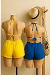 Kadın Sarı Ve Mavi Şortlu Belden Ve Boyundan Bağlamalı Bikini Takımı – Modern, Konforlu Ve Günlük Kombinlere Uygun Kadın Sarı Ve Mavi Şortlu Belden Ve Boyundan Bağlamalı Bikini Takımı – Modern, Konforlu Ve Günlük Kombinlere Uygun