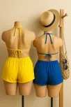 Kadın Sarı Ve Mavi Şortlu Belden Ve Boyundan Bağlamalı Bikini Takımı – Modern, Konforlu Ve Günlük Kombinlere Uygun