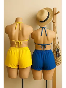 Kadın Sarı Ve Mavi Şortlu Belden Ve Boyundan Bağlamalı Bikini Takımı – Modern, Konforlu Ve Günlük Kombinlere Uygun