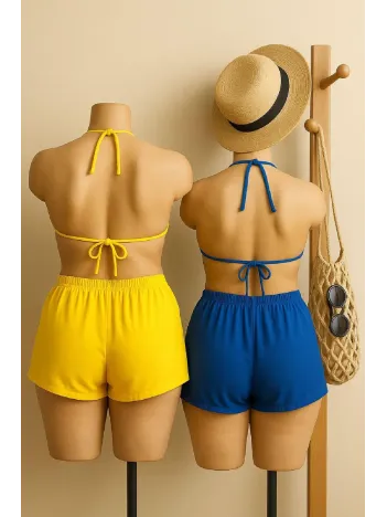 Kadın Sarı Ve Mavi Şortlu Belden Ve Boyundan Bağlamalı Bikini Takımı – Modern, Konforlu Ve Günlük Kombinlere Uygun Kadın Sarı Ve Mavi Şortlu Belden Ve Boyundan Bağlamalı Bikini Takımı – Modern, Konforlu Ve Günlük Kombinlere Uygun