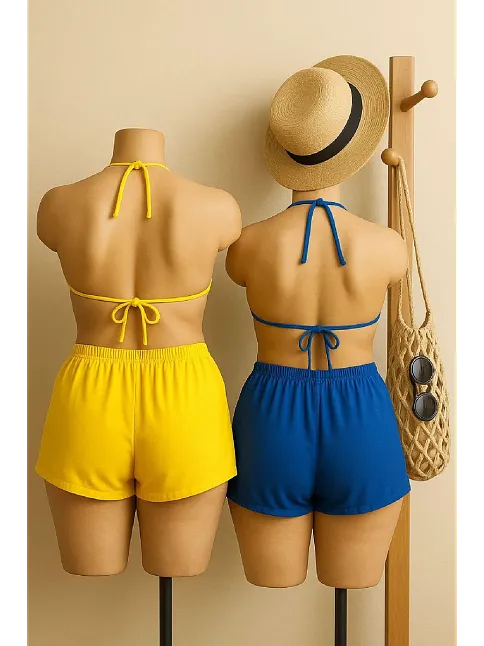 Kadın Sarı Ve Mavi Şortlu Belden Ve Boyundan Bağlamalı Bikini Takımı – Modern, Konforlu Ve Günlük Kombinlere Uygun Kadın Sarı Ve Mavi Şortlu Belden Ve Boyundan Bağlamalı Bikini Takımı – Modern, Konforlu Ve Günlük Kombinlere Uygun