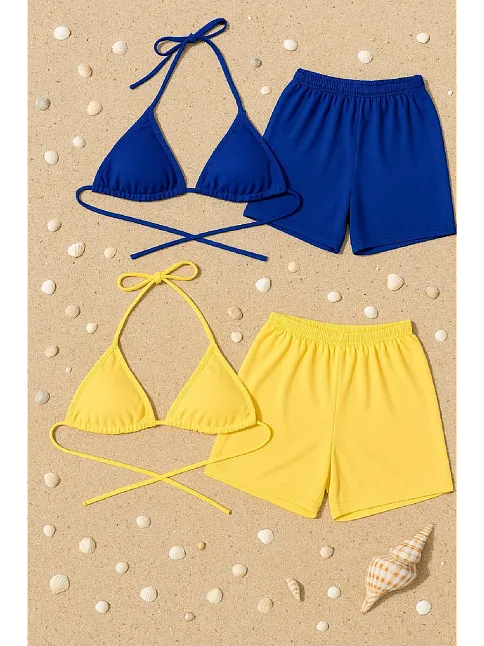 Kadın Sarı Ve Mavi Şortlu Belden Ve Boyundan Bağlamalı Bikini Takımı – Modern, Konforlu Ve Günlük Kombinlere Uygun Kadın Sarı Ve Mavi Şortlu Belden Ve Boyundan Bağlamalı Bikini Takımı – Modern, Konforlu Ve Günlük Kombinlere Uygun