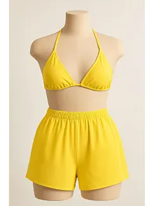 Kadın Sarı Şortlu Belden Ve Boyundan Bağlamalı Bikini Takımı – Modern, Konforlu Ve Günlük Kombinlere Uygun