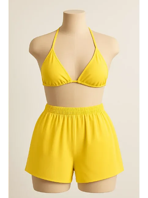 Kadın Sarı Şortlu Belden Ve Boyundan Bağlamalı Bikini Takımı – Modern, Konforlu Ve Günlük Kombinlere Uygun