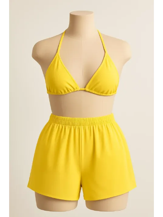 Kadın Sarı Şortlu Belden Ve Boyundan Bağlamalı Bikini Takımı – Modern, Konforlu Ve Günlük Kombinlere Uygun
