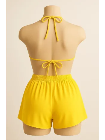 Kadın Sarı Şortlu Belden Ve Boyundan Bağlamalı Bikini Takımı – Modern, Konforlu Ve Günlük Kombinlere Uygun Kadın Sarı Şortlu Belden Ve Boyundan Bağlamalı Bikini Takımı – Modern, Konforlu Ve Günlük Kombinlere Uygun