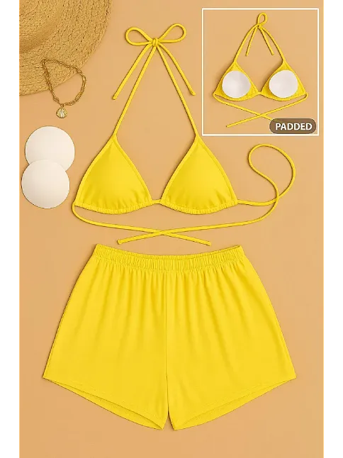 Kadın Sarı Şortlu Belden Ve Boyundan Bağlamalı Bikini Takımı – Modern, Konforlu Ve Günlük Kombinlere Uygun