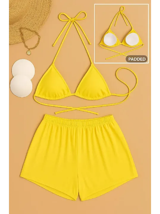 Kadın Sarı Şortlu Belden Ve Boyundan Bağlamalı Bikini Takımı – Modern, Konforlu Ve Günlük Kombinlere Uygun