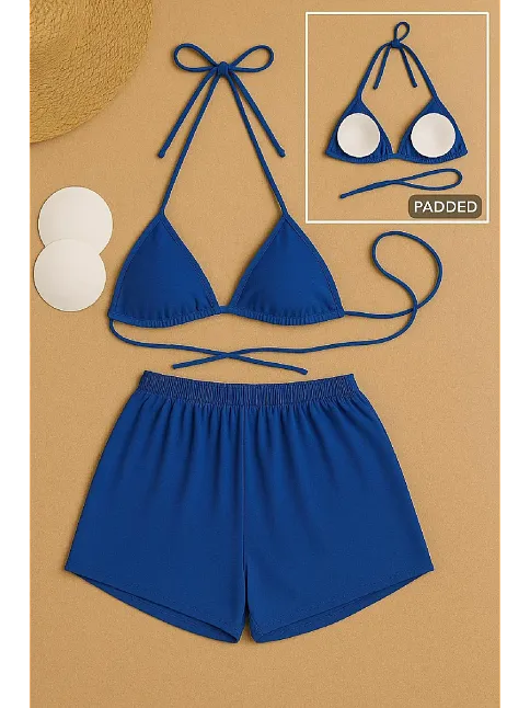 Kadın Mavi Şortlu Belden Ve Boyundan Bağlamalı Bikini Takımı – Modern, Konforlu Ve Günlük Kombinlere Uygun Kadın Mavi Şortlu Belden Ve Boyundan Bağlamalı Bikini Takımı – Modern, Konforlu Ve Günlük Kombinlere Uygun