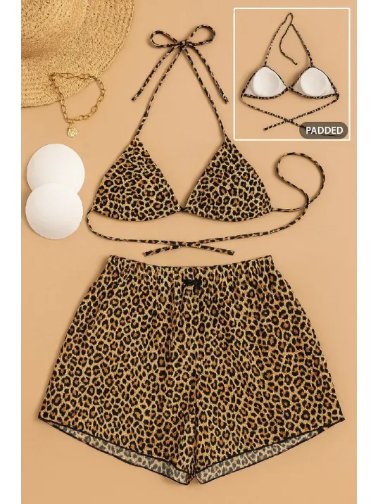 Kadın 3'lü Set Leopar Desenli Şortlu Ve Yandan Bağlamalı Bikini Mayo Takımı – Modern, Konforlu Ve Günlük Kombinlere Uygun