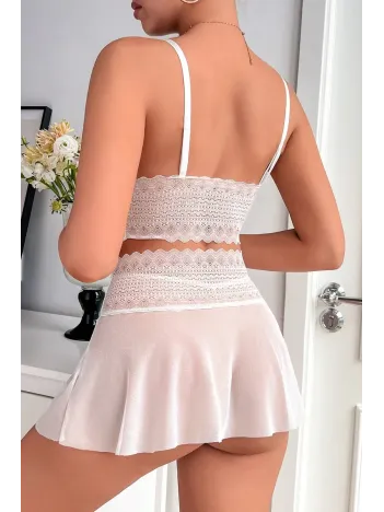 Kadın Beyaz Dantel Tül Detaylı Etekli Şık Gecelik Takımı – Modern, Konforlu