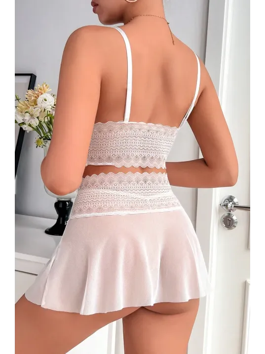 Kadın Beyaz Dantel Tül Detaylı Etekli Şık Gecelik Takımı – Modern, Konforlu