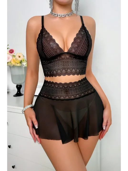 Kadın Siyah Dantel Ve Tül Detaylı Etekli Şık Gecelik Takımı – Modern, Konforlu