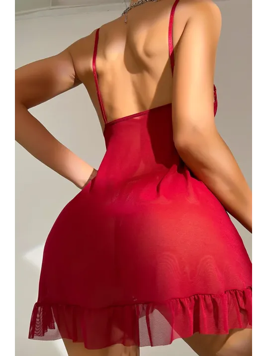 Kadın Bordo Dantelli, Fırfırlı Tül Ve Fiyonk Detaylı Tangalı Gecelik Takımı