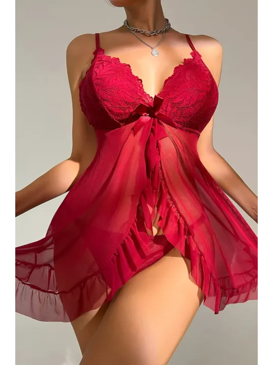 Kadın Bordo Dantelli, Fırfırlı Tül Ve Fiyonk Detaylı Tangalı Gecelik Takımı