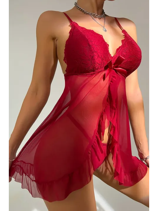 Kadın Bordo Dantelli, Fırfırlı Tül Ve Fiyonk Detaylı Tangalı Gecelik Takımı